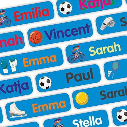 Indigos UG - Namensaufkleber Kinder Schule - 35–105 Sticker 35x10mm - Sport hellblau - Kindergarten - mit Wunschtext personalisierbar - wasserfeste Wäscheetiketten selbstklebend