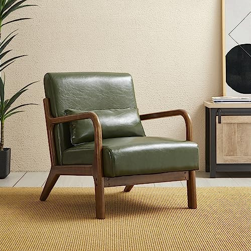 Glitzhome Mid Century Leather Accent Chair, Modern Faux Leather Accent Armchair, Upholstered Living Room Chair with Walnut Wood Frame for Bedroom Office