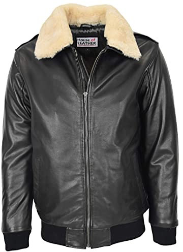 Mens Leather Bomber Jacket Detachable Collar Aviator Pilot Style Viggo Black (L)