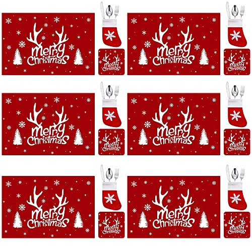18 Pcs Christmas Placemats and Coasters-Reindeer Snowflake Design Heat-Resistant Table Mats Washable Christmas Holiday Kitchen Table Decoration