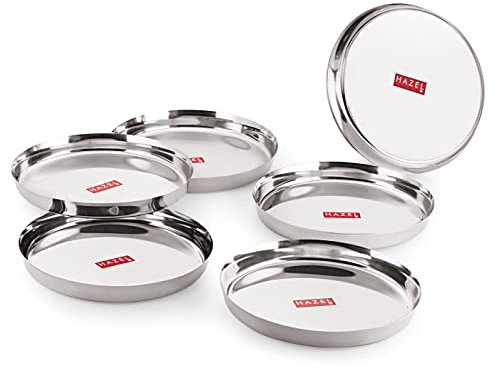 Hazel Stainless Steel Dinner Plates Indian | Metal Plates India | Unbreakable Plates Set of 6 with Glossy Mirror Finish, Silver