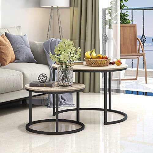 BOFENG Round Nesting Coffee Table, Set of 2 End Tables for Living Room/Bedroom/Small Space (Natural Oak, Set of 2)