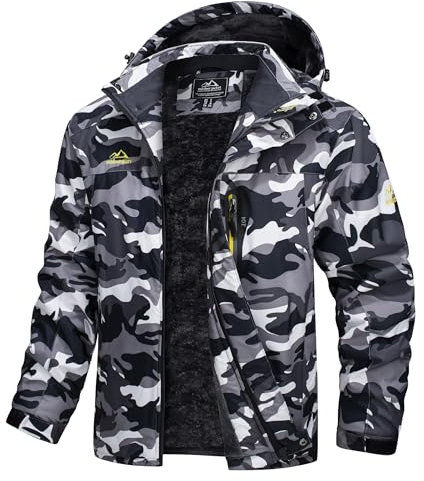 TACVASEN Herren Warme Skijacke Gefütterte Winterjacke Wasserabweisende mit Abnehmbarer Kapuzen (M, Schwarz-Camo)