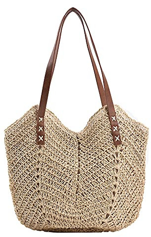DKIIL NOIYB Straw Shoulder Bag For Women, Large Straw Bags Weave Handmade Handle Tote Bag Summer Beach Straw Handbags Bohemian Crossbody Bag