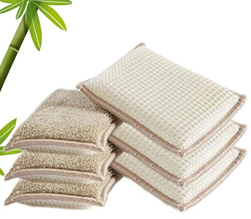 Lot de 6 éponges absorbantes en Bambou Naturel, Lawaia Eponges Lavable Vaisselle Grattante Antibactérienne Tampons Microfibre Non Odor Brosse Ideal pour Nettoyage de La Cuisine