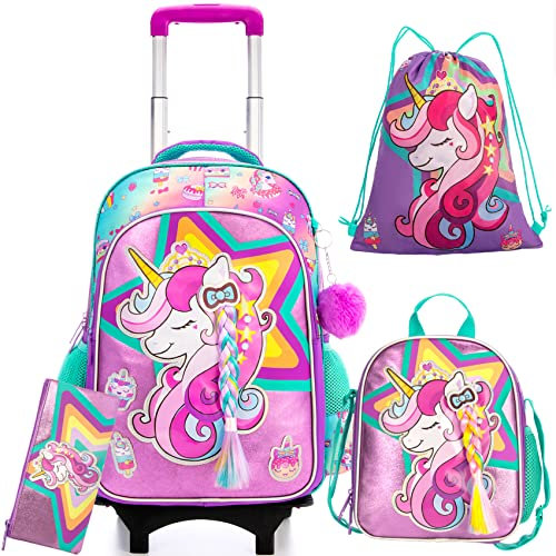HTgroce Mochilas Escolares con Ruedas para Niña Carro Unicornio Mochilas con Carrito Escolares 5 in 1 Mochilas Escolares Ruedas Niña Mochila Escolar Trolley Infantiles Adolescentes Primaria Viaje.