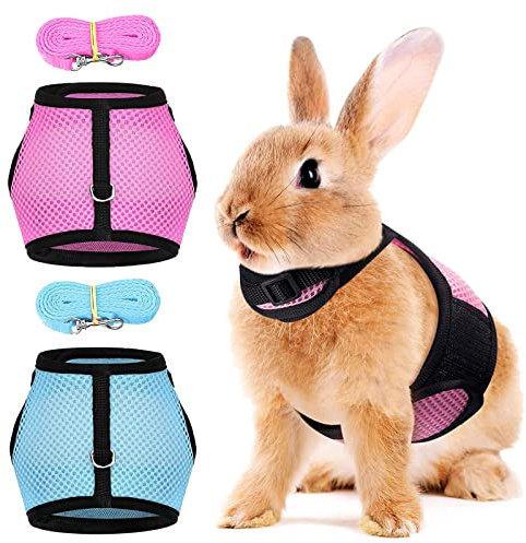 2 Stück Verstellbares weiches Hasengeschirr, Atmungsaktives Kaninchengeschirr, Mesh-Kaninchen-Geschirr, für Kleintier Hase Hamster Katze Outdoor (M, Blau,Rosa)