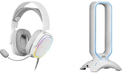 MARSGAMING MHAXW Blanco, Auriculares RGB Multiplataforma+Mic extraíble, 53mm HIFI & Mars Gaming MHHXW, Soporte Cascos Gaming, RGB Flow, 2X USB 2.0, Blanco