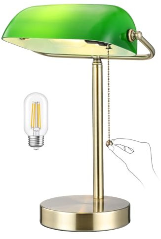 Newrays Lámpara de escritorio de banqueros de vidrio verde tradicional con accesorio de enchufe del interruptor de la cadena de extracción