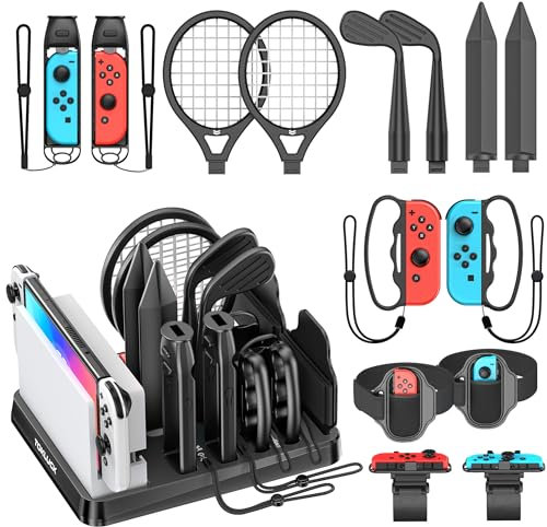 Tokluck 15 in 1 Accessori per Switch Sports, Kit di Accessori per Nintendo Switch Sports Gioco, Switch Organizer per Consola Switch/OLED e Accessori Sportivi Switch Sports, Nero