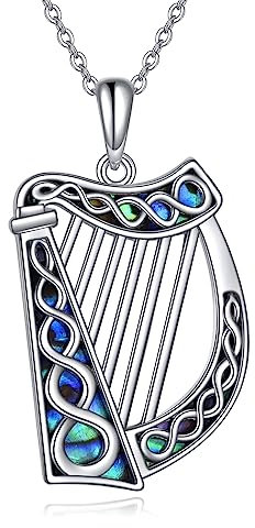 DAYLINLOVE Harfen Kette 925er Sterling Silber Halsmit Harfen Anhänger Keltischem Knoten Abalone Muschel Musik Irischer Nordischer Pangan Schmuck Geschenke für Damen Frauen Mädchen Harfenliebhaber