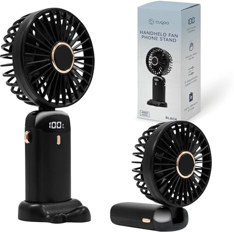 CUQOO Handheld Fan – Portable USB Rechargeable Mini Fan with Phone Stand, 5 Speeds, Digital Display & 4000mAh Battery – Ideal for Travel, Office, Home, Camping