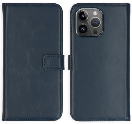 SELENCIA Bookcase Hülle kompatibel mit iPhone 15 Pro Max – Era Leder Handytasche Side Flip Case – Handyhülle aus Rindsleder in Blau [3 Kartenfächer, Magnetverschluss]