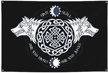 Dekoratives Haus Garten Hof Banner Zwei Wölfe Wikinger nordische Runen Druck Urlaub Willkommen Rasen hängende Dekoration Party Flagge Hintergrund 120 x 180 cm