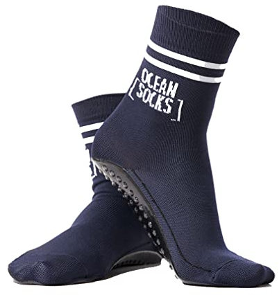 OceanSocks + EXTRA TASCHE | rutschfeste Aqua-und Beachsocken für Strand, Wasser, Wattwanderung, Boot & Boards, Damen, Herren, Kinder, Marine, 43-46