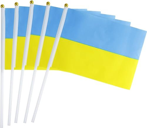 Ukrainische Flagge, 20 Stück, 14 x 21,6 cm, kleine Handflaggen mit Stäbchen, lebendige Farben, Handwinkel, Flaggen für Nationalfeiertag, Gedenktag, Dekoration, UV-beständig, für drinnen und draußen