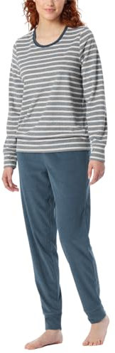 Schiesser Damen Schlafanzug lang Frottee warm kuschelig wohlfühlen-Nightwear Pyjamaset, Jeansblau_181968, 46