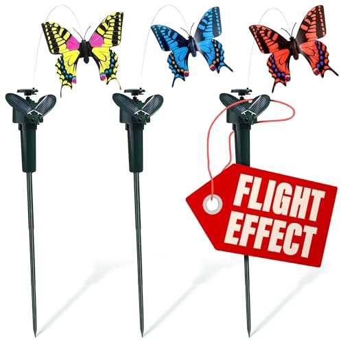 3 Pcs Fluttering Solar Butterfly Garden Stakes – Moving Butterfly Decorations with Solar Butterflies, Weathervane Waterproof Outside Decor Stakes, Three Bright Colors | Battery NOT Included