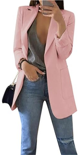 BOFETA Femmes Revers Costume Couleur Unie Casual Manches Longues Bureau Veste avec Poches élégant Cardigan Business Shirt Couleur Rose XL