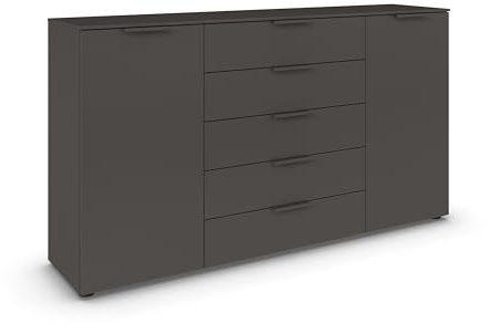 Rauch Möbel Flipp, Kommode, Farbe Graphit, Breite 180 cm | Sideboard, 2-türig, 5 Schubladen, Soft-Close-Funktion, für Schlafzimmer, Gästezimmer, Wohnzimmer, Garderobe, Flur