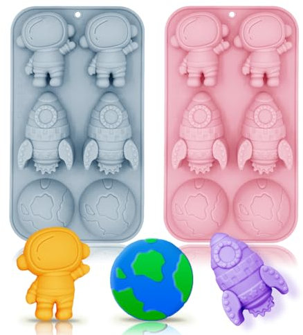 Astronauten-Silikonformen, Rakete, Planet, Silikonform, 6 Mulden, Backform für Babyparty, Geburtstag, Party, Schokolade, Kuchen, Mousse, Gebäck, Seife, Buntstifte, Cupcake-Topper, 2 Stück
