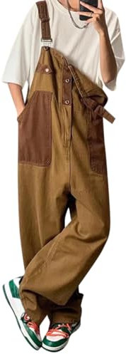 Oanviso Salopette pour Homme Combinaison Rétro Salopette en Jean Loose Overalls Loisirs Denim Salopette Pantalon de Travail Vintage Pantalon Cargo Barboteuses à Bretelles M Brun S