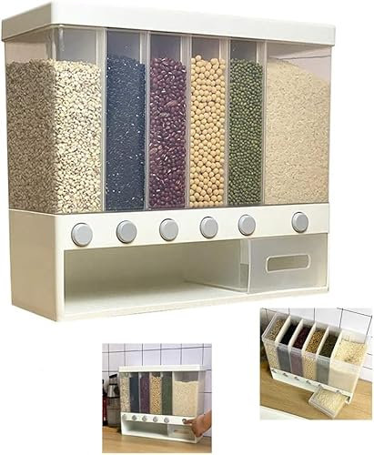 Dispensador de alimentos secos montado en la pared Dispensadores de cereales de 6 rejillas Contenedor de almacenamiento de alimentos Tanque de almacenamiento de cocina for cereales, arroz, dulces, gra