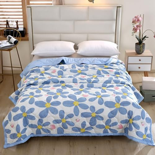 DOTBUY-SHOP Bettüberwurf Steppdecke, Sommer Tagesdecke Leichte Tagesdecken mit Präge Wohndecke aus Gesteppt Bettdecke Bettbezug für Einzelbett Doppelbett (Blaue Blume,150x200cm)