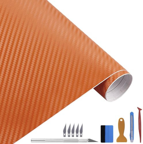 Carbon Autofolie Matt Orange Mit Einbauwerkzeug, 30 x 300 cm Selbstklebend 3D Car Wrapping Blasenfrei Vinyl Folie, Carbonfolie Lackschutzfolien für Auto Motorrad DIY