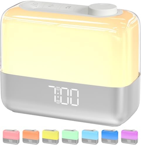 MeesMeek Sonnenaufgangswecker für Schlafzimmer: Wecklicht, RGB Nachtlicht, 9-Min Schlummer, 6 natürliche Klänge, 7 Lautstärken, wiederaufladbare Batterie, 2 laute Alarme für Schwerschläfer (Silber)