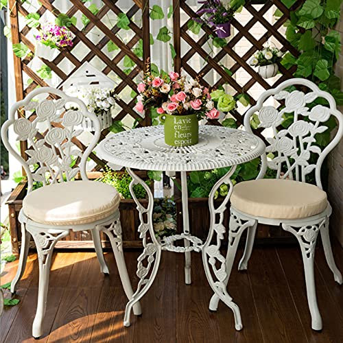 3-teiliges Tavernen-Set für den Außenbereich aus Aluminiumguss. Rostfreie Terrassenmöbel, Kombination aus Plaudertisch und Stuhl mit Kissen, Esstisch und Stühlen, (Weiße Rosen)
