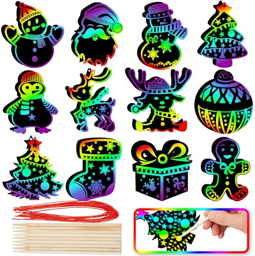 JOYIN 48-teiliges Weihnachts-Kratzpapier-Bastelset, Regenbogenfarbene Rubbelkarte auf der Vorderseite und Malkarte auf der Rückseite, Weihnachtsschmuck für Kinder, Partyzubehör, Urlaub, DIY,
