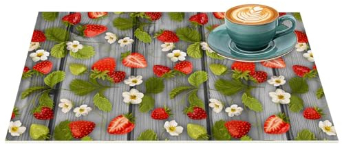 ANRO Platzset Gartenerdbeeren Holz Grau 35x50 cm – 1 Stück, abwaschbar | Robuste PVC-Oberfläche, an täglichen Gebrauch gewöhnt. Genug Fläche für Teller, Glas und Besteck.