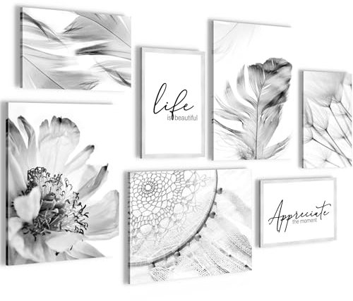 Novart Wandbilder Blumen Abstrakt - KOMPLETT AUFHÄNGFERTIG - Schwarz Weiss Wohnzimmer Schlafzimmer Flur - 7 Moderne Mood-Bilder - N033471a