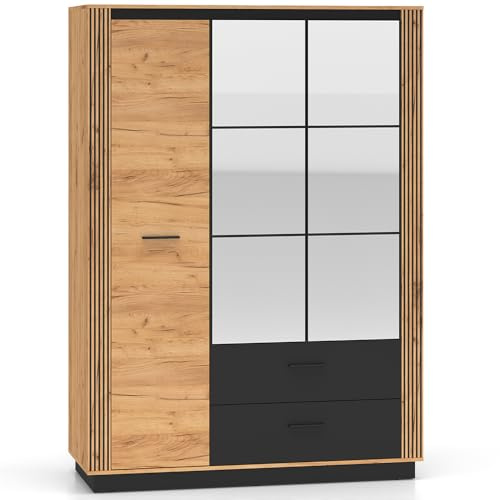 Lomadox Kleiderschrank 150 cm breit 3 Türig Wardrobe Garderobenschrank Schlafzimmerschrank Schrank modern in Eiche mit schwarz