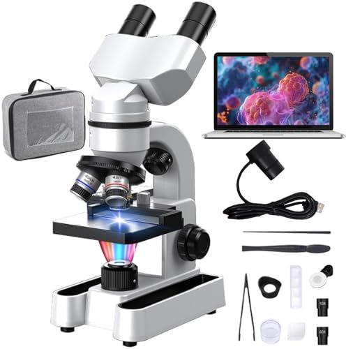Soflightmok Microscopio Binoculare Composto, 40x-1600x, Oculari Wf10x E Wf40x, Illuminazione Led A 7 Colori E Rotazione A 360, Vetro E Metallo, Bianco