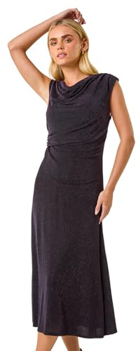 Roman Petite Sparkle Stretch Drape Dress for Women UK - Ladies Everyday Autumn Winter Round Neckline Comfy Soft Evening Vacation Work Party Night Out - Petite Pink - Size 18