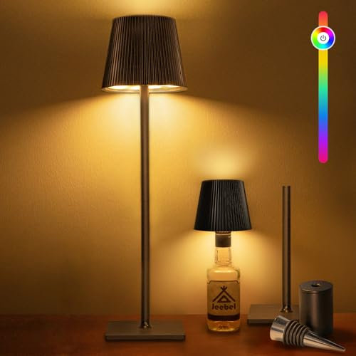 Jeebel 4-in-1 Lampada da Tavolo Senza Fili - 5200mAh Lampada a Bottiglia RGB LED in Metallo con Dimming Continuo, IP54 - Luce da Bottiglia Portatile per Indoor-Outdoor Ristorante, Giardino, Campeggio