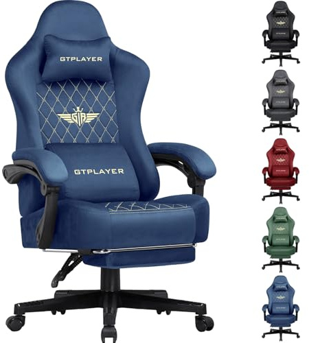 GTPLAYER Fabric Gaming Chair, Ergonomic Computer Chair with Footrest and Lumbar Support Height Adjustable Home Office Chair with 360°-Swivel Seat and Headrest (Blue)