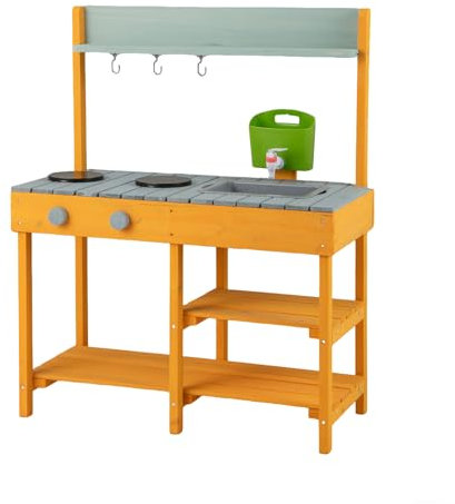 DREAMADE Matschküche Kinder Outdoor, Outdoorküche mit Wassertank und Wasch, Kinder Outdoor-Küche Spielset, Kinderküche aus Tannenholz für Jungen und Mädchen (Orange)