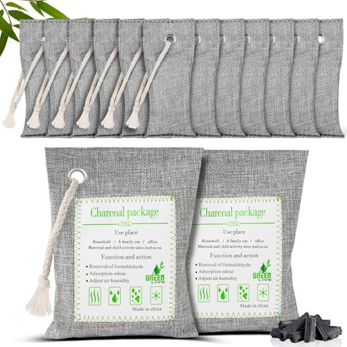 HOTUT Sac Désodorisant en Bambou Naturel, Lot de 14 Purifiants d'air en Charbon de Bambou, Filtre à Charbon Actif, Sac de Purification Pour Armoire, Chaussures, Salle De Bain, Cave, Voiture