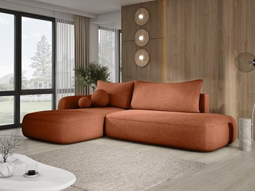 DomoHome Ecksofa BABU Mit Bettfunktion – Moderne Polsterecke Für Wohnzimmer Funktionales Schlafsofa Im Stoff Now OR Never Größe: 300x105x60cm, Linke Seite Farbe: Orange