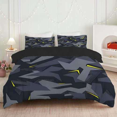 dyausi Tarnung Bettwäsche 135x200 Schwarz Grau, Cool Camouflage Bettbezug 3 teilig, Wendebettwäsche Microfaser, Deckenbezug mit Reißverschluss und 1 Kissenbezug D20