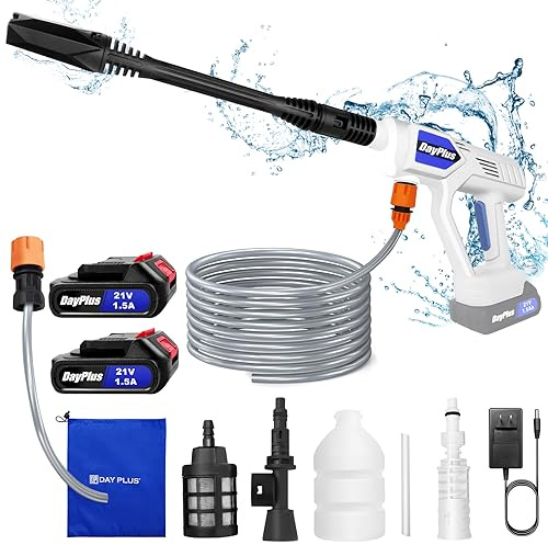 Akku Hochdruckreiniger 21V,Tragbar Druckreinigerpistole mit 2 Akku und Schnellladegerät, 45Bar Mobile Hochdruck Wasserpistole Bürstenlosen, 6-In-1 Düse,5 Meter Schlauch, Auto/Gartenreinigung