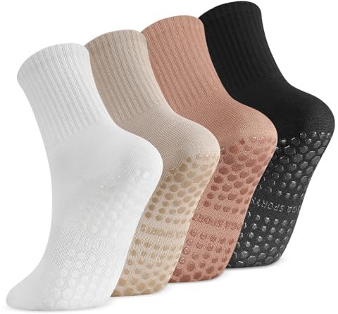 4 paia di calzini da pilates, da yoga, da donna, antiscivolo, antiscivolo, per pilates, yoga, danza, balletto, trampolino, fitness, 38-42, nero, bianco, beige, cachi, 38-42