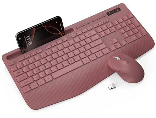 Wireless Keyboard and Mouse Combo - Full-Sized Ergonomic Keyboard with Wrist Rest, Phone Holder, Sleep Mode, Silent 2.4GHz Cordless Keyboard Mouse Combo for Computer, Laptop, PC, Mac, Windows