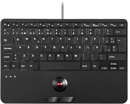 Perixx PERIBOARD-526 ES, Mini Teclado USB con Cable y trackball - Teclas de Tijera Tipo X - 28 x 18 x 2,8 cm - 2 concentradores USB Integrados - Español