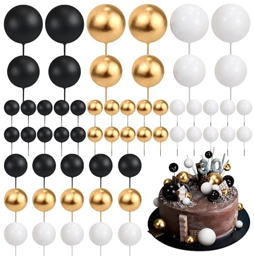 57 Pcs Ball Cake Toppers Decorations Balloon Cupcake Topper Foam Round Balls Cake Insert Topper Baking Cake Decoration Multi Size Cakes Ball for Birthday Wedding Baby Shower (Gold,White,Black)