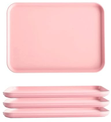Modern Minimalist Serving Tray, 22.5×31cm Wheat Straw Serving Trays Set of 4, Wheat Straw + PP, Durable, Durable Stackable Tray for Coffee, Tea, Snacks, Breakfast, Hotel and Kitchen Use (Pink)