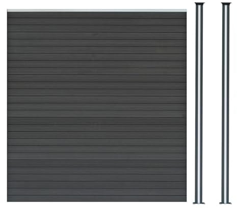 Composite Fence Panel & 2 Aluminium Posts 6ft Board Grey Double Sided Wood Grain Slatted Fencing Plastic PVC Outdoor Garden Driveway Privacy Barrier 185cm High x 180cm Wide Solar Powered LED Lighting
